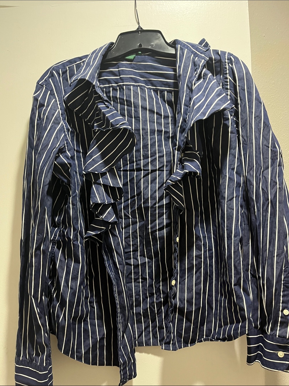 Ralph Lauren Navy and White Striped Ruffle Button-Down Shirt